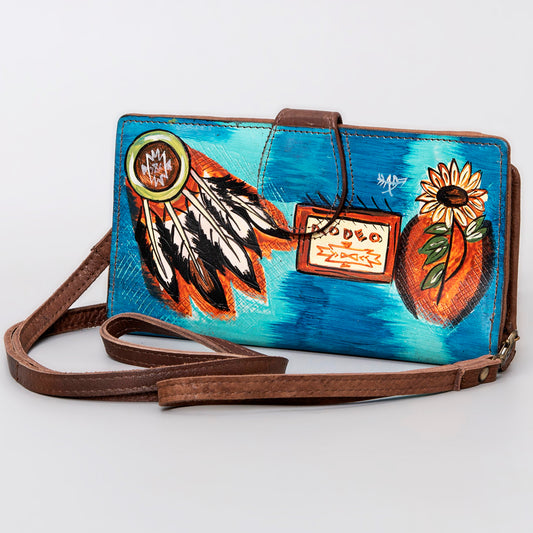 ADBGM113 Hand-Painted Leather Wallet Crossbody - Rodeo & Floral Design