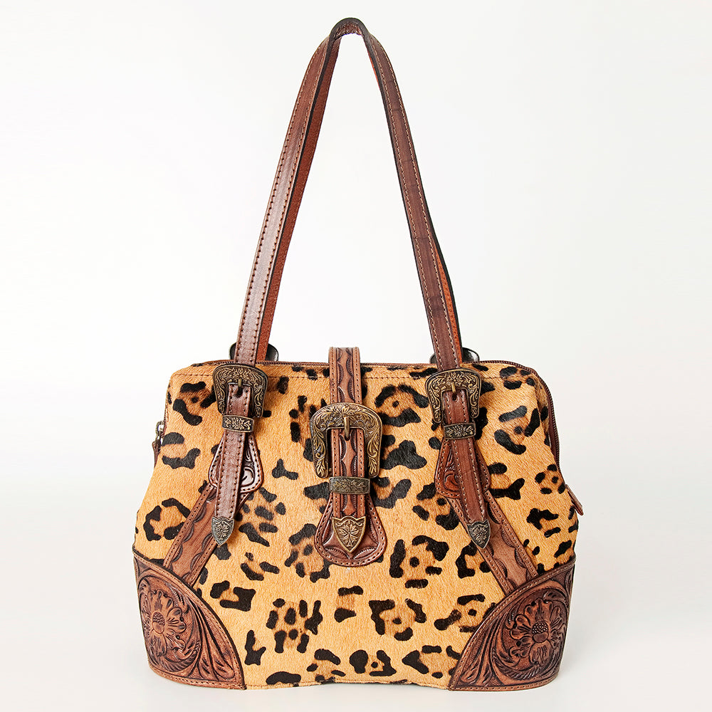 ADBGI183 Hair On Western Satchel - Tooled Leather Cowgirl Purse with Buckles