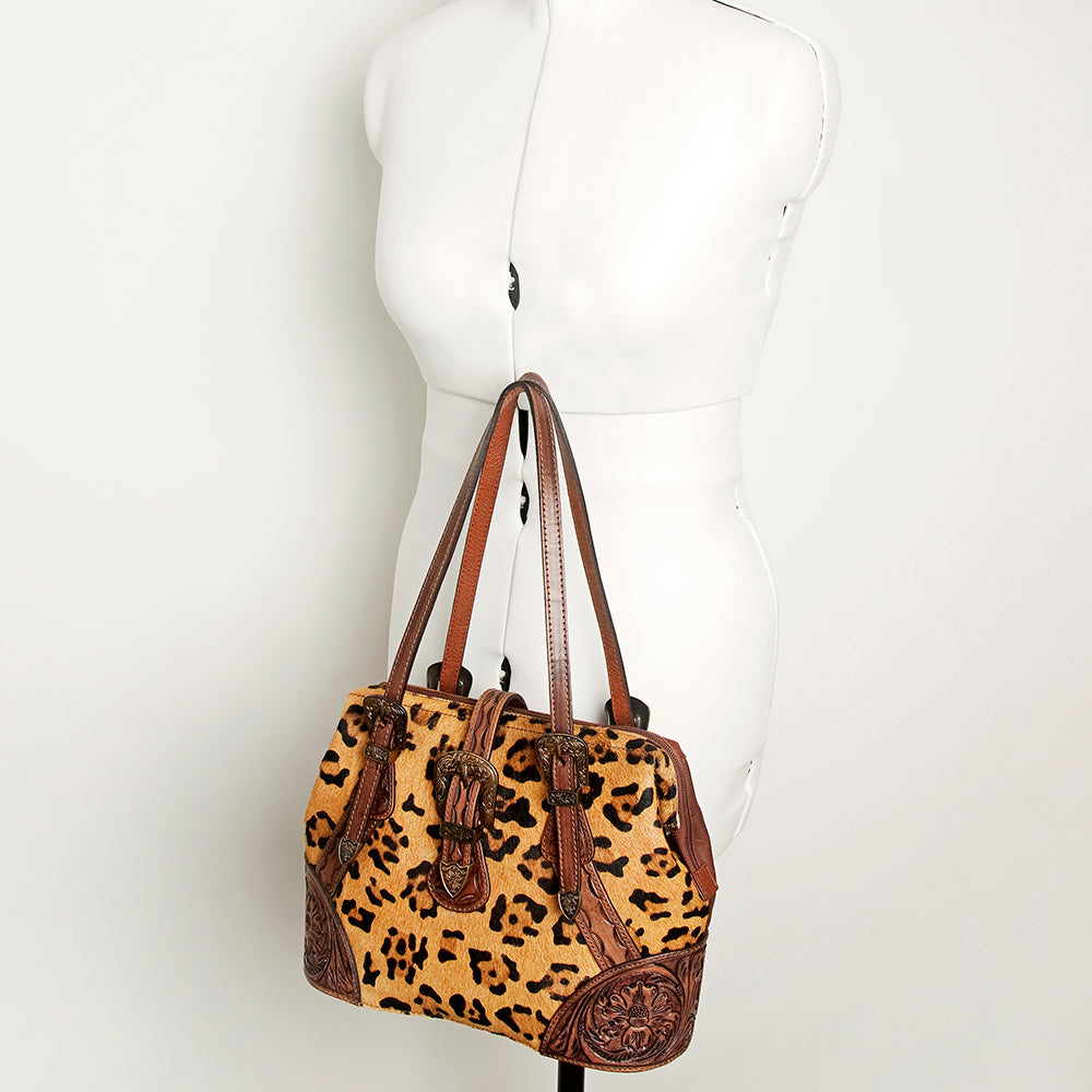 ADBGI183 Hair On Western Satchel - Tooled Leather Cowgirl Purse with Buckles