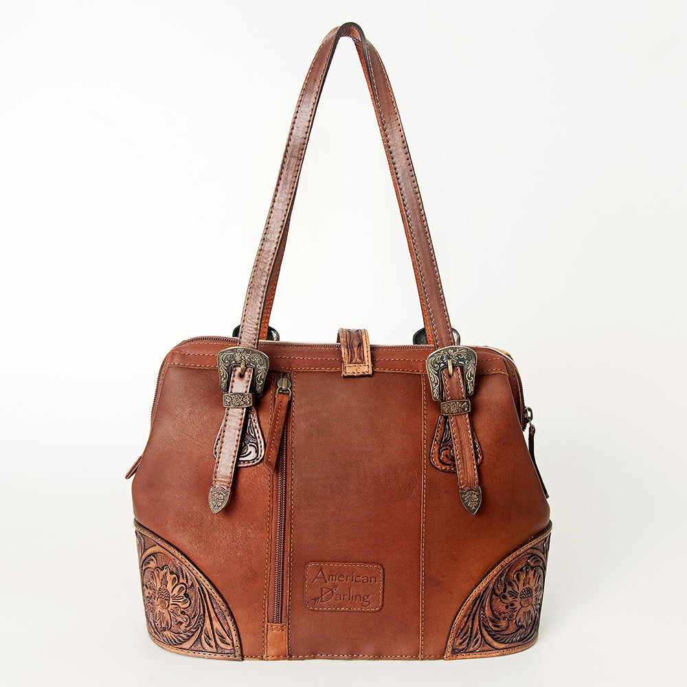 ADBGI183 Hair On Western Satchel - Tooled Leather Cowgirl Purse with Buckles