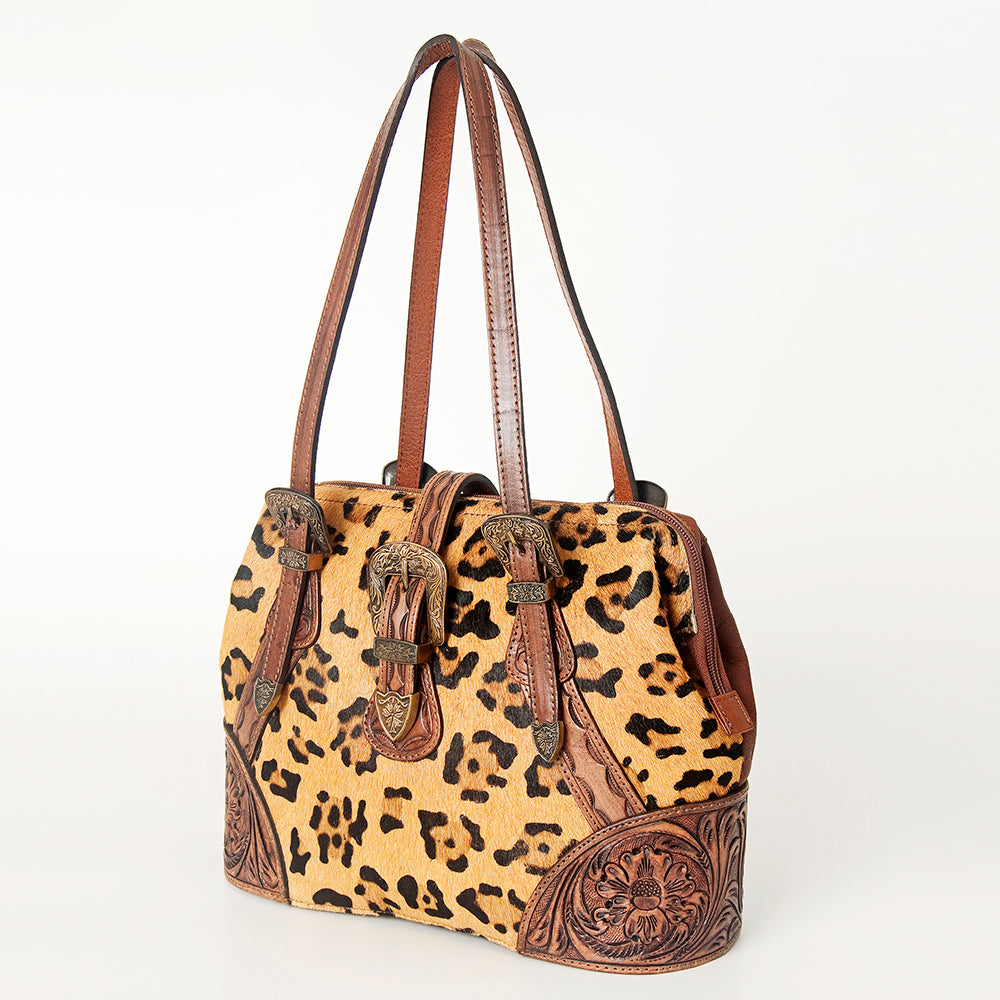 ADBGI183 Hair On Western Satchel - Tooled Leather Cowgirl Purse with Buckles