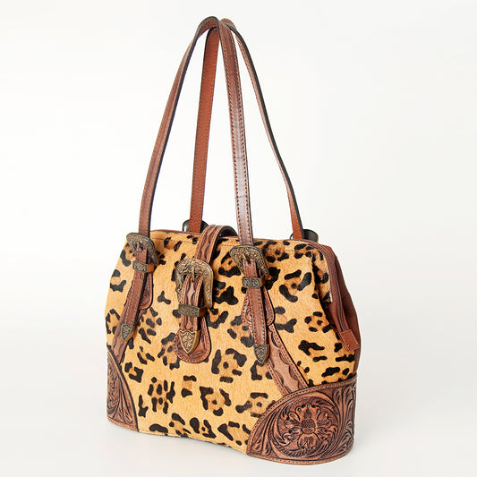 ADBGI183 Hair On Western Satchel - Tooled Leather Cowgirl Purse with Buckles