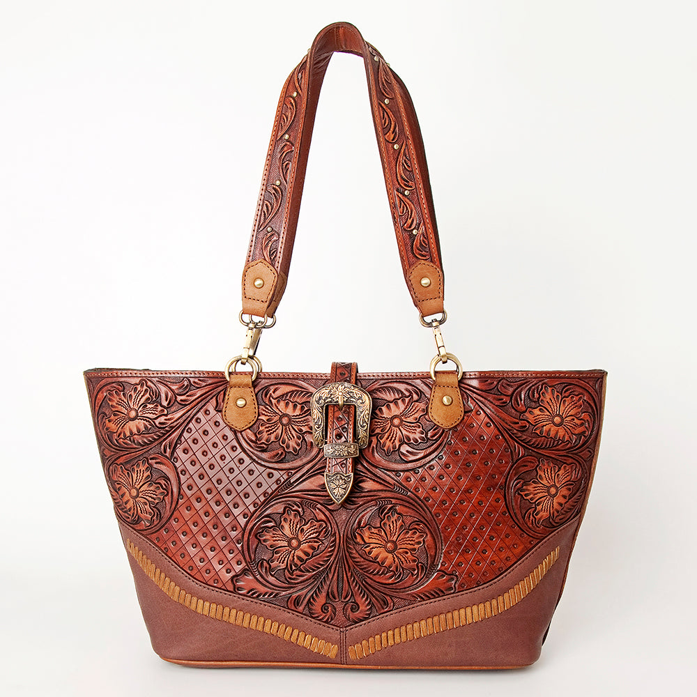 LC-ADBGI195 Tooled Leather Western Tote Bag with Buckle Accent - Cowgirl Shoulder Purse