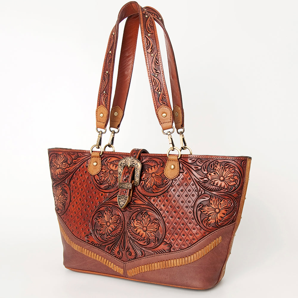 LC-ADBGI195 Tooled Leather Western Tote Bag with Buckle Accent - Cowgirl Shoulder Purse