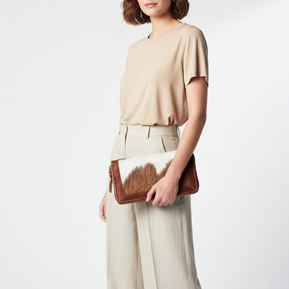 ADBGZ467 Brown & White Cowhide Zip-Around Leather Wallet - American Darling