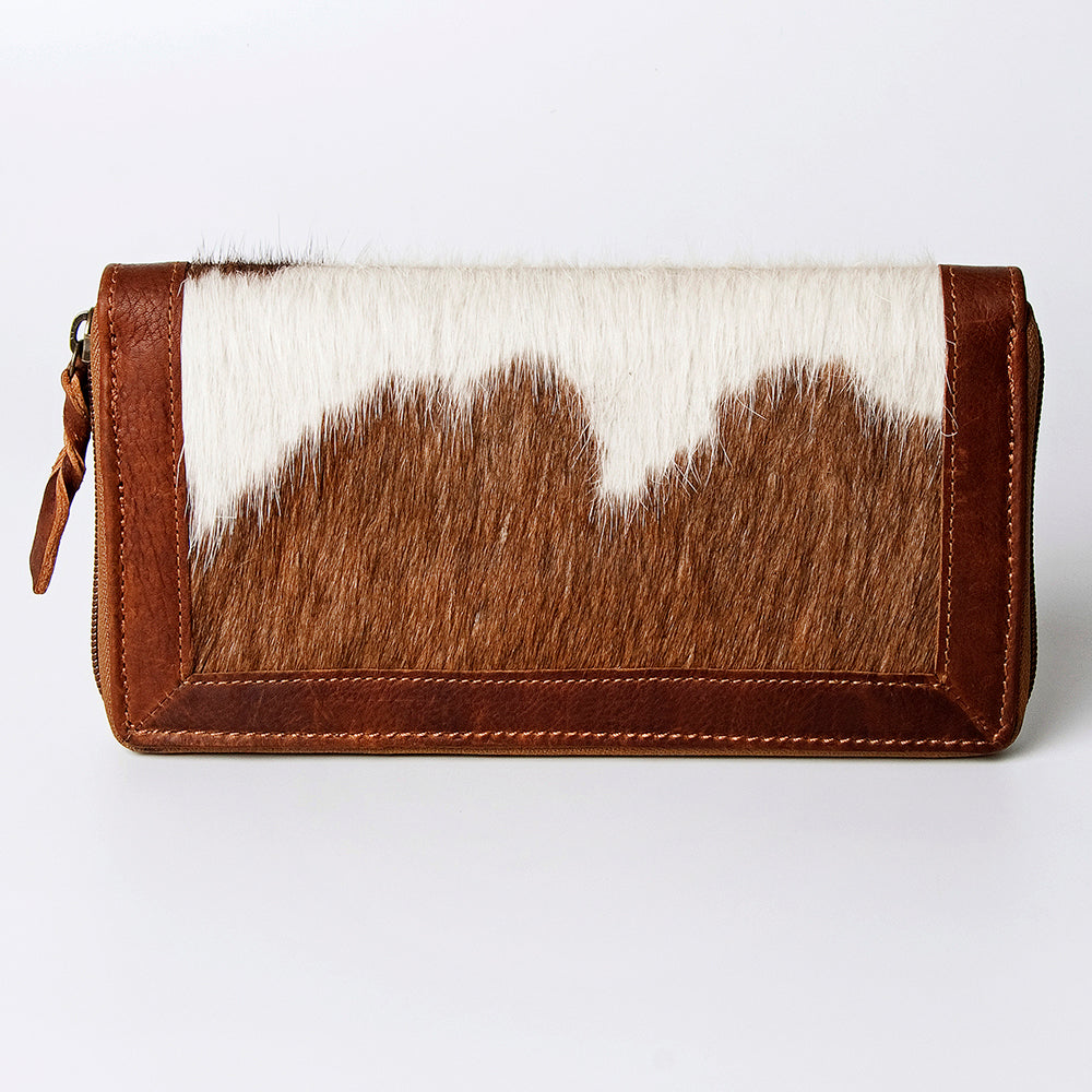 ADBGZ467 Brown & White Cowhide Zip-Around Leather Wallet - American Darling
