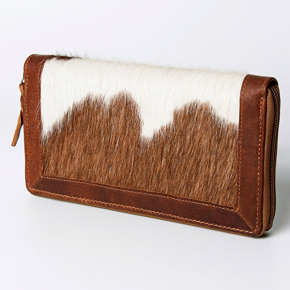 ADBGZ467 Brown & White Cowhide Zip-Around Leather Wallet - American Darling