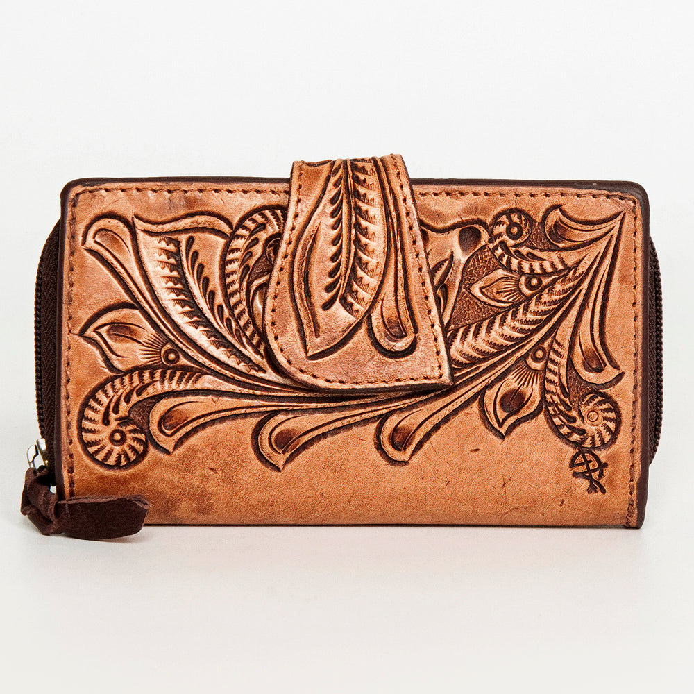 LC-ADBGZ469 Hand-Tooled Tan Leather Western Wallet - Floral Carved Bifold with Snap Closure