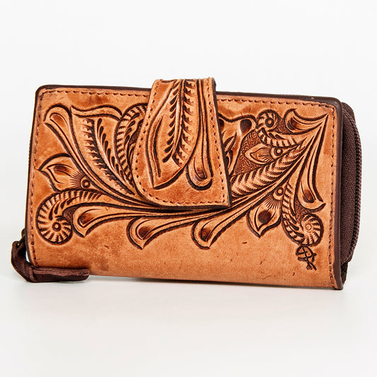 LC-ADBGZ469 Hand-Tooled Tan Leather Western Wallet - Floral Carved Bifold with Snap Closure