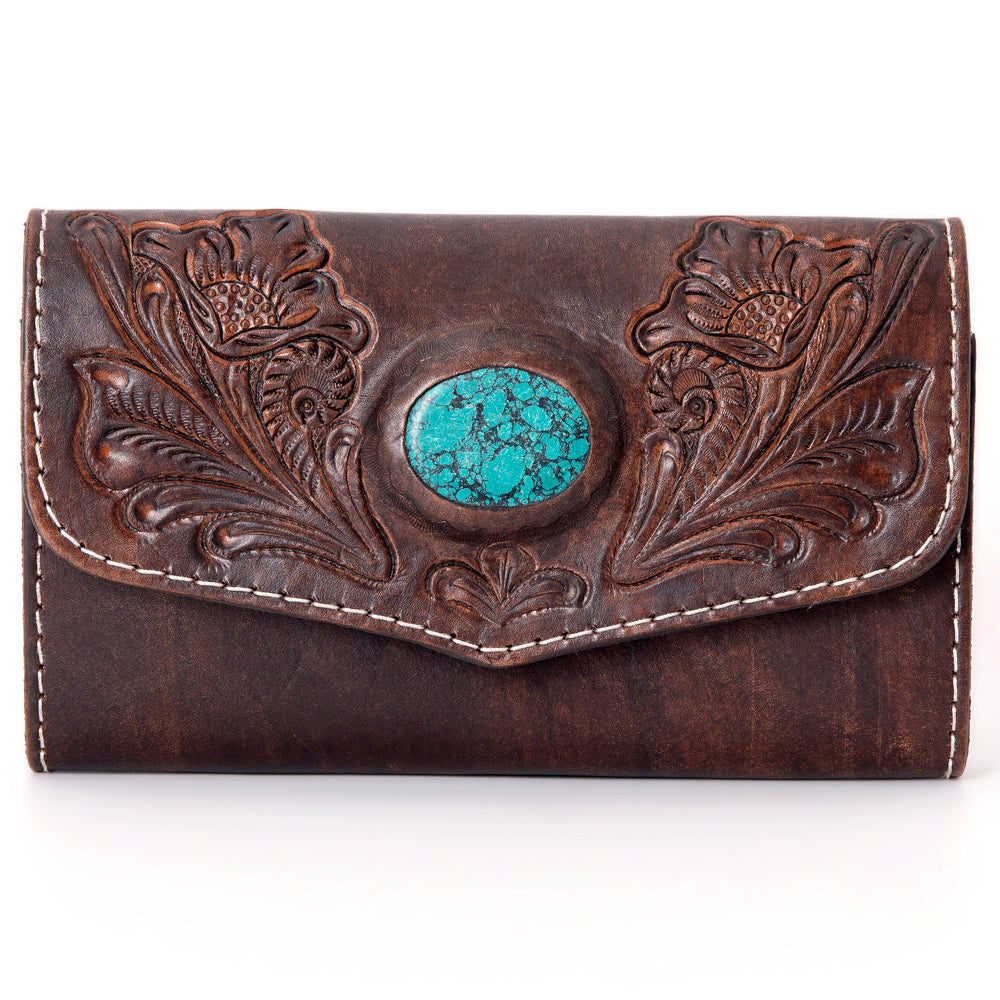 ADBGH105 Tooled Leather Western Wallet - Turquoise Stone Inlay & Floral Design
