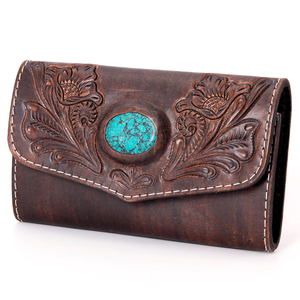 ADBGH105 Tooled Leather Western Wallet - Turquoise Stone Inlay & Floral Design