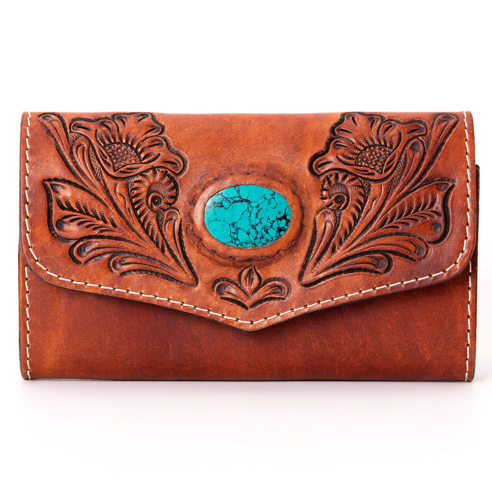 ADBGH105 Tooled Leather Western Wallet - Turquoise Stone Inlay & Floral Design