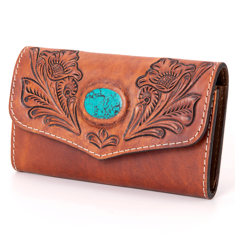 ADBGH105 Tooled Leather Western Wallet - Turquoise Stone Inlay & Floral Design