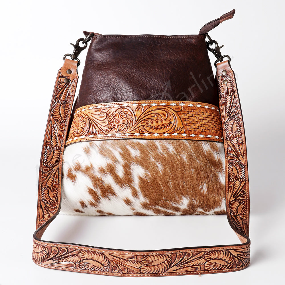 LC-ADBGZ134A Brown & White Cowhide Crossbody Bag with Basketweave Tooled Leather