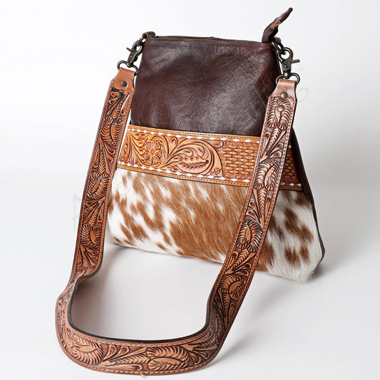 LC-ADBGZ134A Brown & White Cowhide Crossbody Bag with Basketweave Tooled Leather