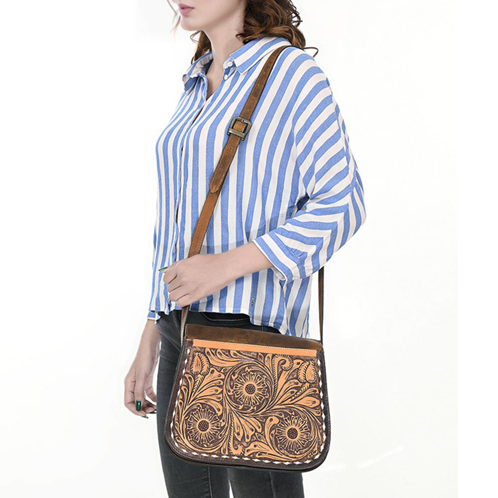 LC-ADBGZ409A Tooled Leather Crossbody Flap Bag - Western Floral Saddle Purse