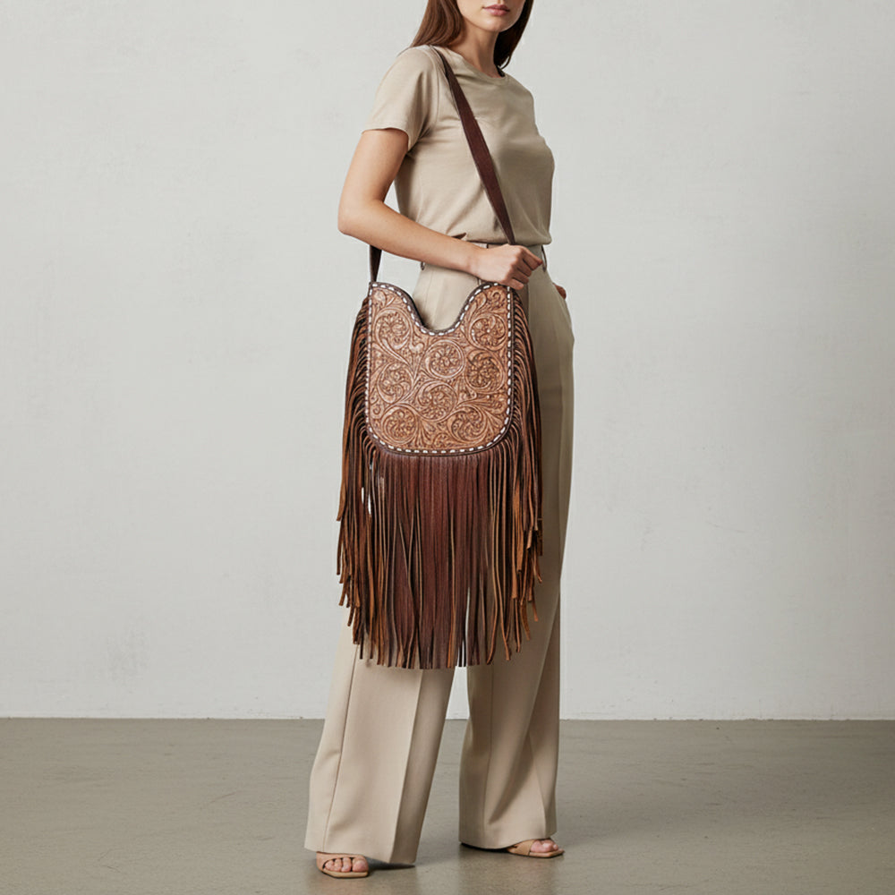 ADBGZ473 Hand-Tooled Leather Western Fringe Hobo Bag - Floral Saddle Design