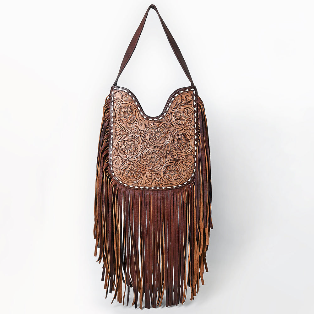 ADBGZ473 Hand-Tooled Leather Western Fringe Hobo Bag - Floral Saddle Design