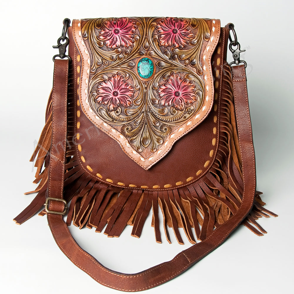 LC-ADBGZ474 Hand-Tooled Leather Fringe Messenger Bag - Floral Carving with Turquoise Accent