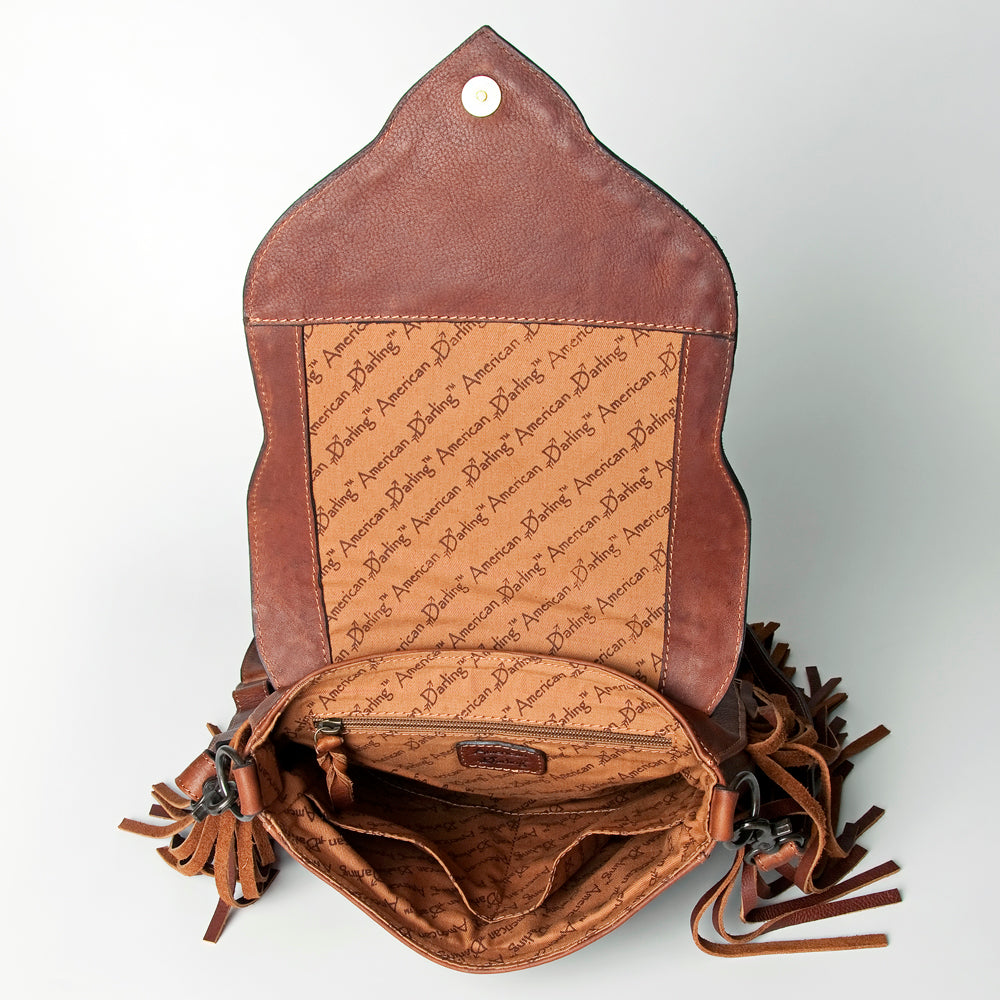 LC-ADBGZ474 Hand-Tooled Leather Fringe Messenger Bag - Floral Carving with Turquoise Accent