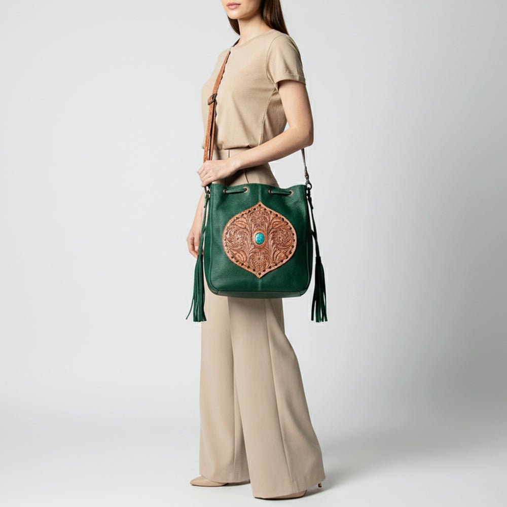 LC-ADBGZ477 Emerald Green Leather Bucket Bag with Hand-Tooled Floral Patch & Turquoise Accent