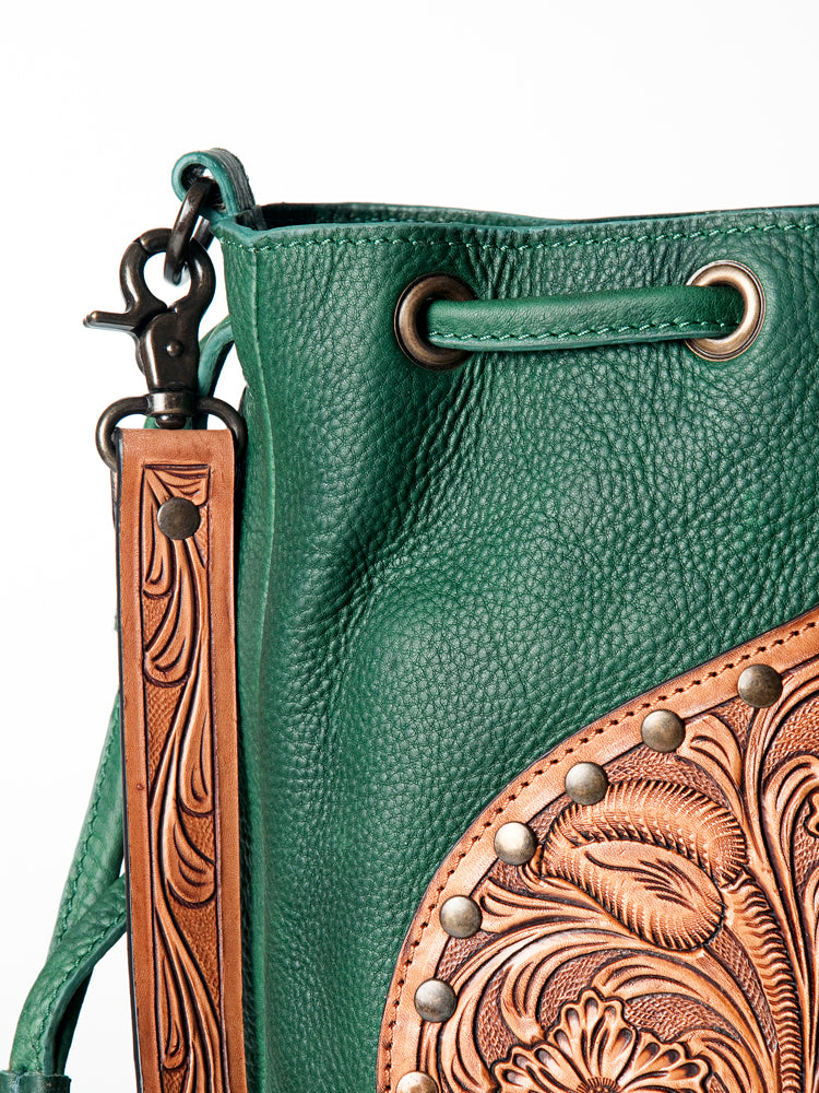 LC-ADBGZ477 Emerald Green Leather Bucket Bag with Hand-Tooled Floral Patch & Turquoise Accent