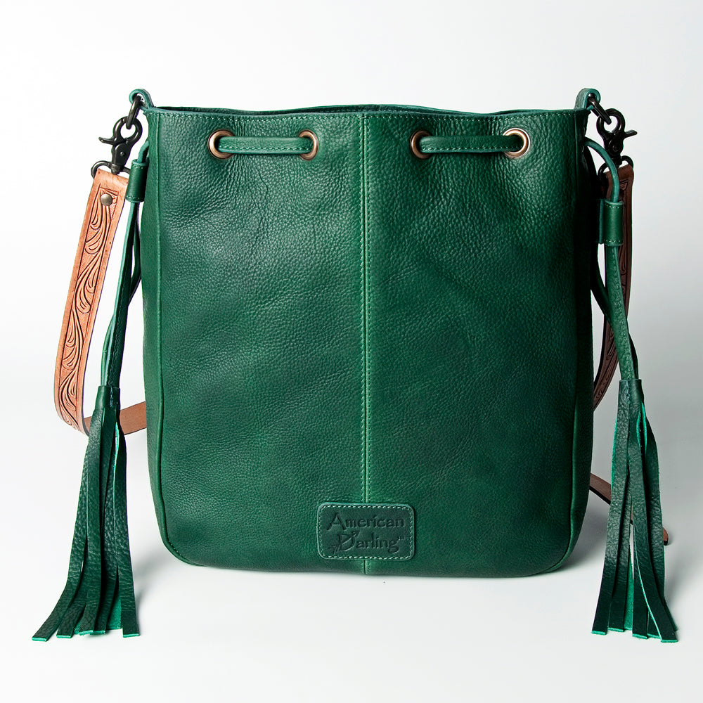 LC-ADBGZ477 Emerald Green Leather Bucket Bag with Hand-Tooled Floral Patch & Turquoise Accent