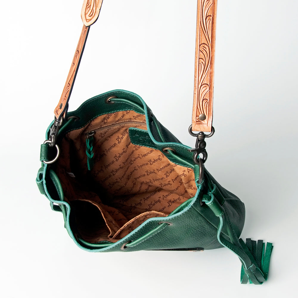 LC-ADBGZ477 Emerald Green Leather Bucket Bag with Hand-Tooled Floral Patch & Turquoise Accent
