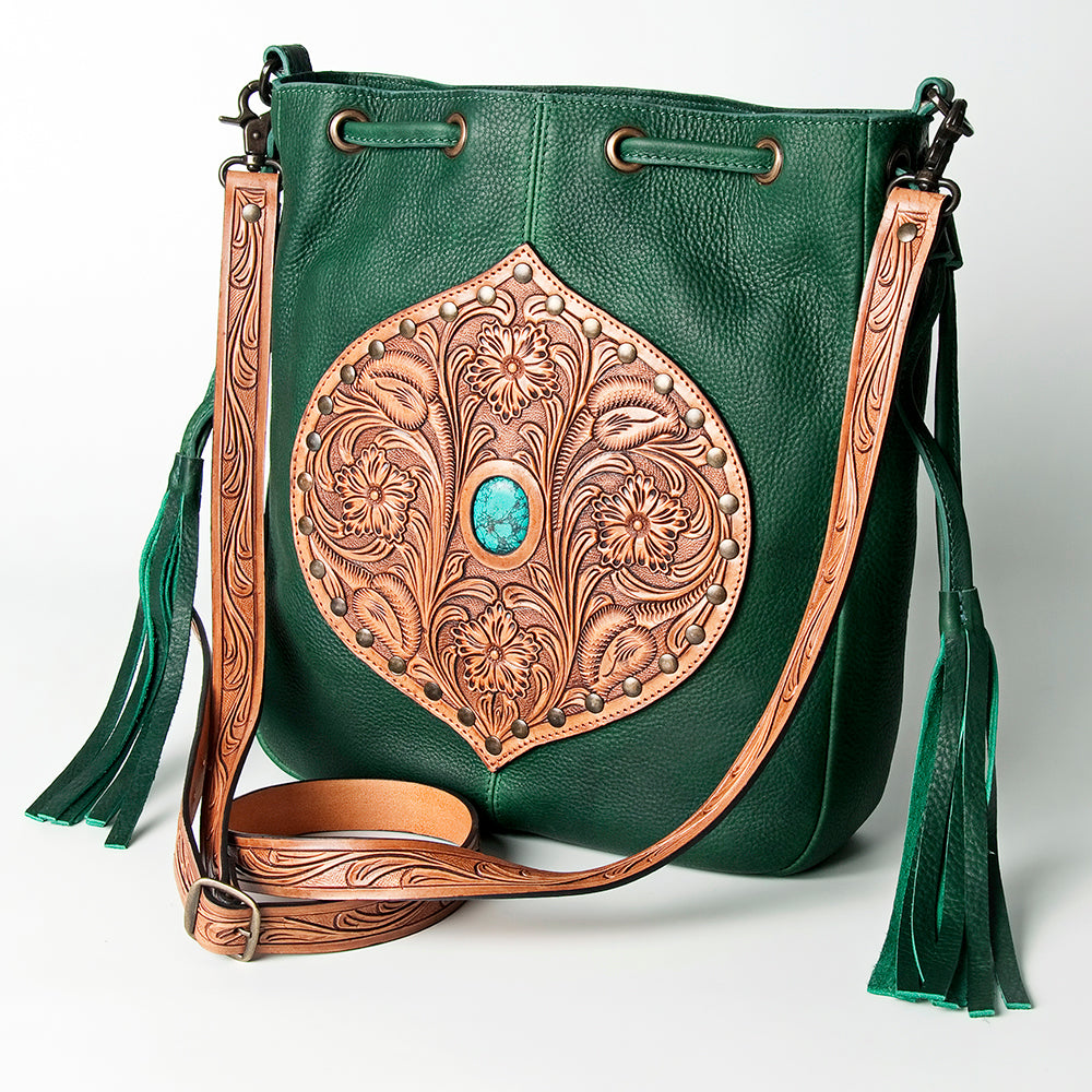 LC-ADBGZ477 Emerald Green Leather Bucket Bag with Hand-Tooled Floral Patch & Turquoise Accent