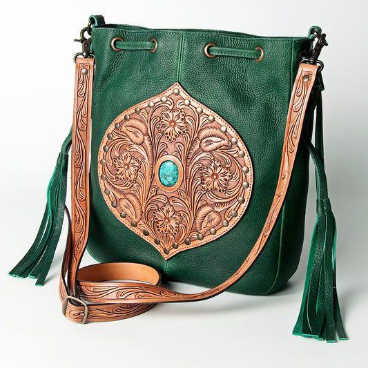 LC-ADBGZ477 Emerald Green Leather Bucket Bag with Hand-Tooled Floral Patch & Turquoise Accent
