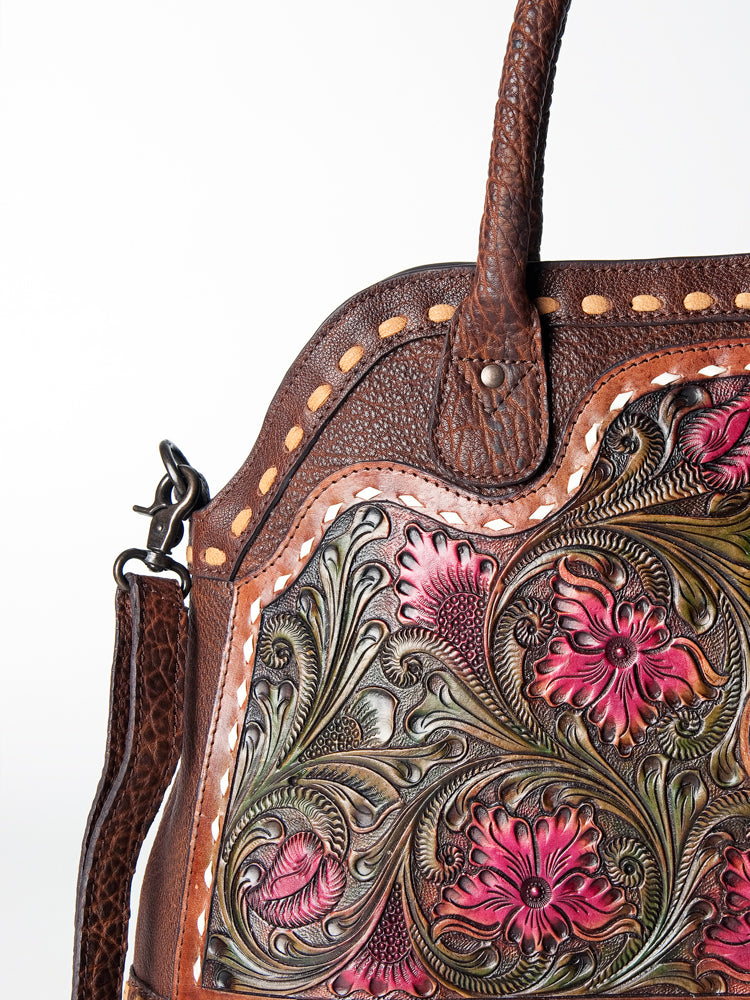 LC-ADBGZ478 Tooled Leather Western Tote Bag - Floral Carving with Turquoise Accent & Dual Handles
