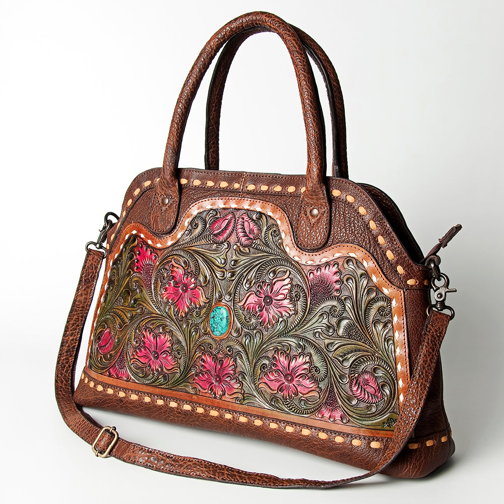 LC-ADBGZ478 Tooled Leather Western Tote Bag - Floral Carving with Turquoise Accent & Dual Handles