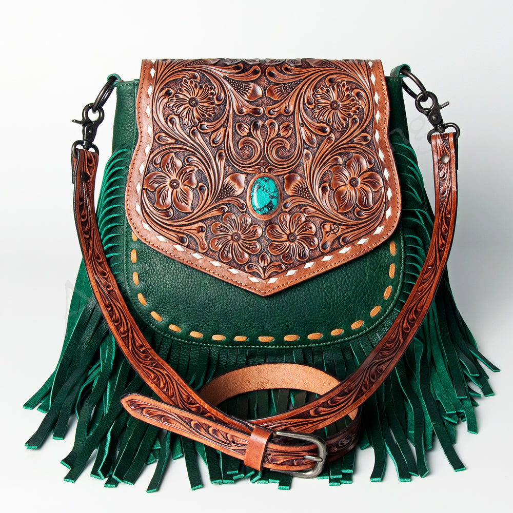 LC-ADBGZ479 Green Leather Western Fringe Messenger Bag - Hand-Tooled Floral Flap with Turquoise Accent