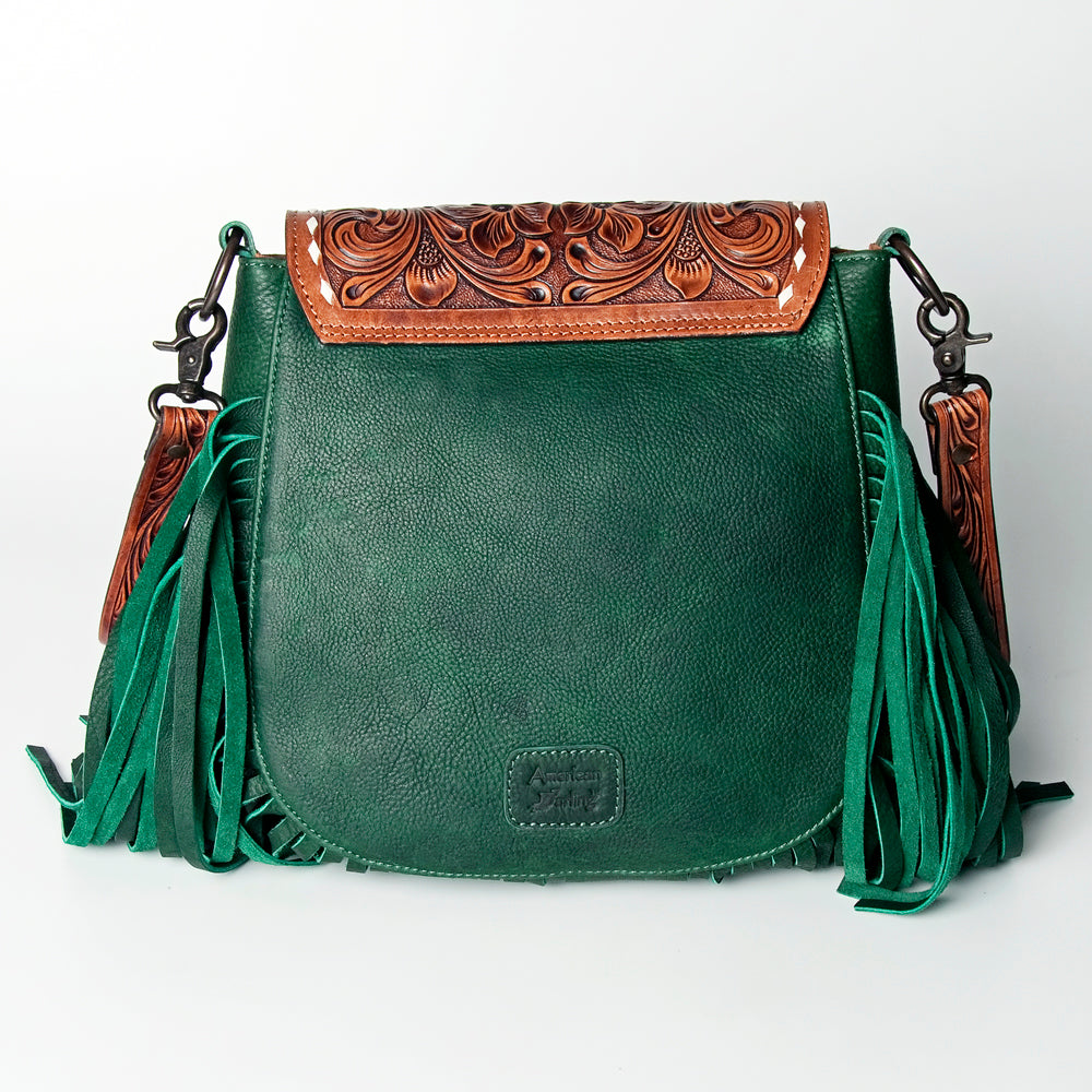 LC-ADBGZ479 Green Leather Western Fringe Messenger Bag - Hand-Tooled Floral Flap with Turquoise Accent