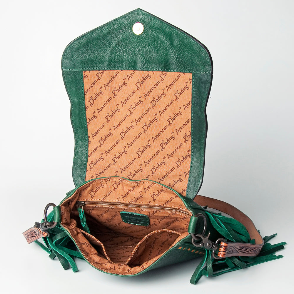 LC-ADBGZ479 Green Leather Western Fringe Messenger Bag - Hand-Tooled Floral Flap with Turquoise Accent