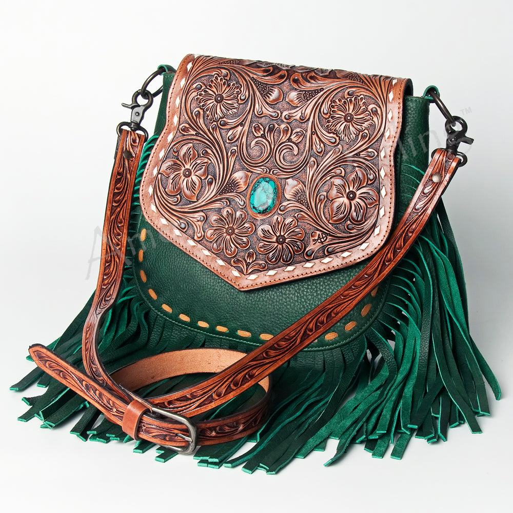 LC-ADBGZ479 Green Leather Western Fringe Messenger Bag - Hand-Tooled Floral Flap with Turquoise Accent