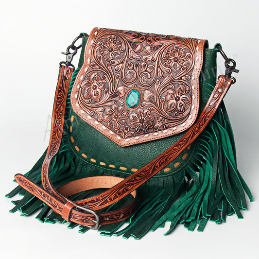 LC-ADBGZ479 Green Leather Western Fringe Messenger Bag - Hand-Tooled Floral Flap with Turquoise Accent