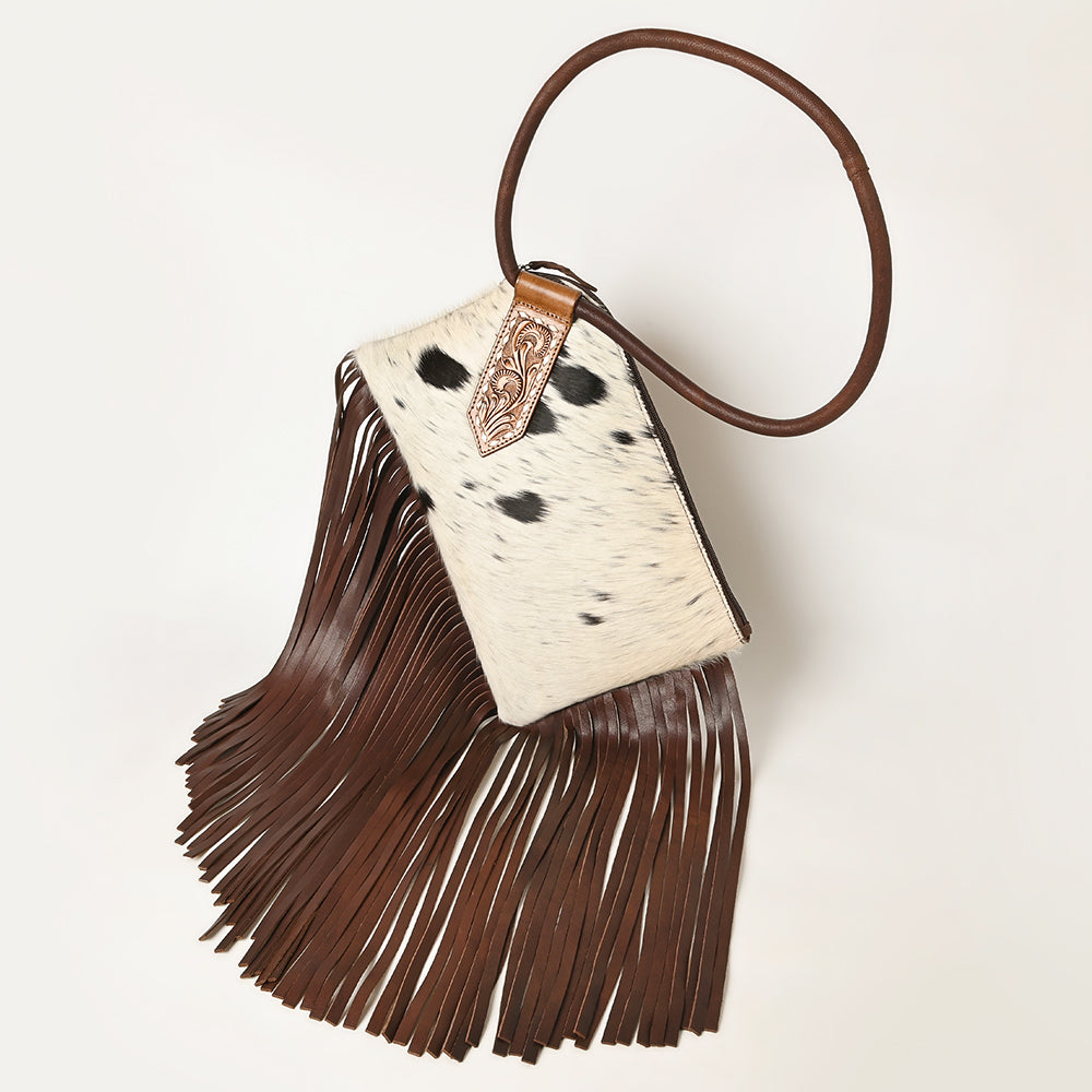 ADBGZ328 Cowhide Fringe Wristlet - White & Black Hair-On Hide with Tooled Leather Accent