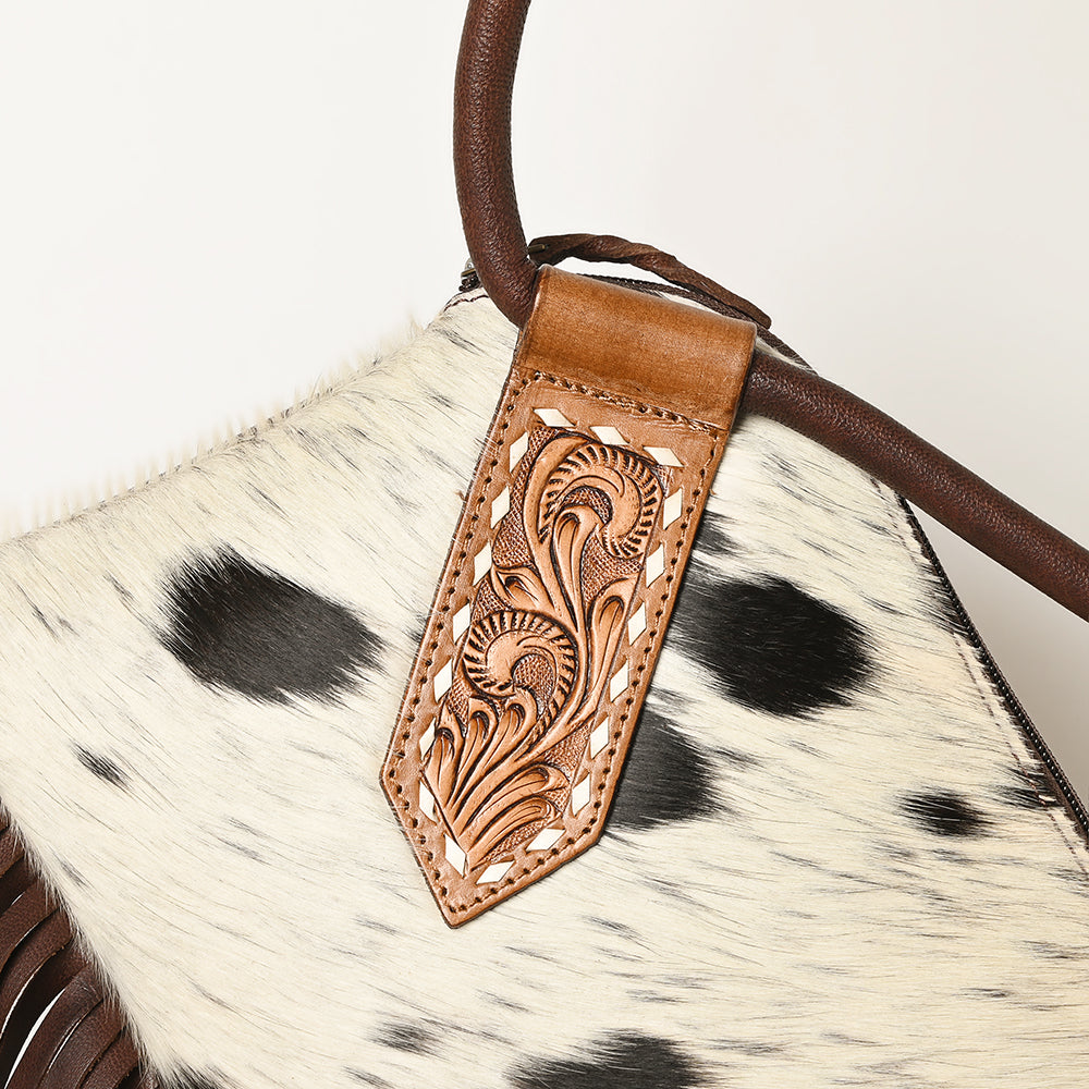 ADBGZ328 Cowhide Fringe Wristlet - White & Black Hair-On Hide with Tooled Leather Accent