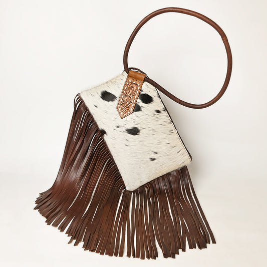 ADBGZ328 Cowhide Fringe Wristlet - White & Black Hair-On Hide with Tooled Leather Accent