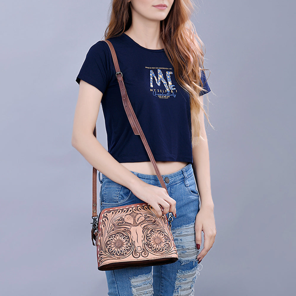 ADBG769 Western Tooled Leather Crossbody with Longhorn Design American Darling