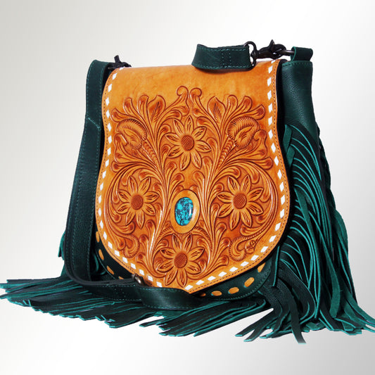 LC-ADBGZ483 Tan & Green Tooled Leather Messenger Bag - Floral Design with Turquoise Accent and Fringe