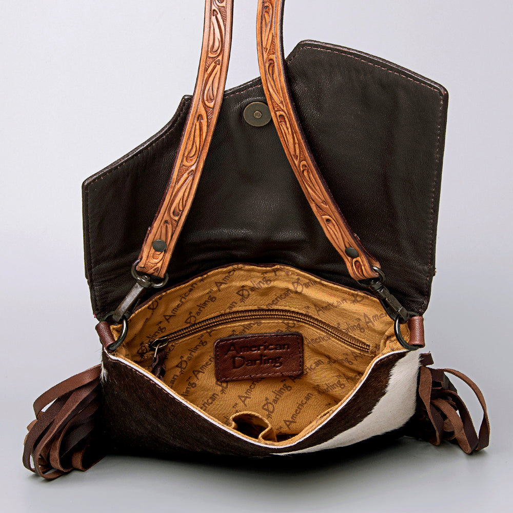 LC-ADBGZ279A Tooled Leather Flap Bag - Hair-On Hide Western Crossbody with Fringe