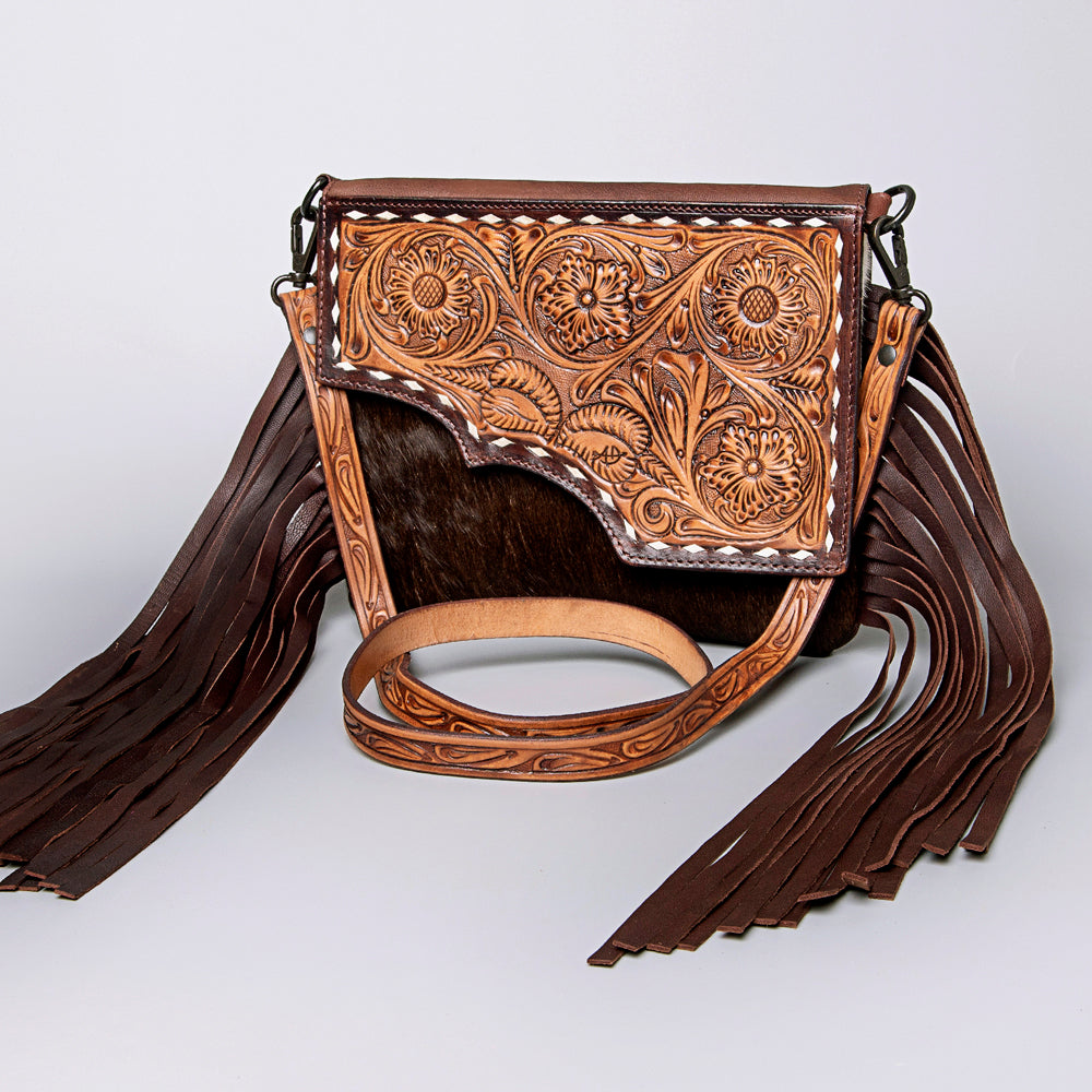 LC-ADBGZ279A Tooled Leather Flap Bag - Hair-On Hide Western Crossbody with Fringe