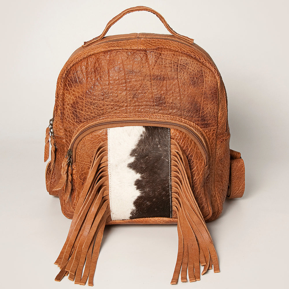 LC-ADBGZ357A Tan Leather Backpack with Cowhide & Fringe - Western Hair-On Hide Daypack