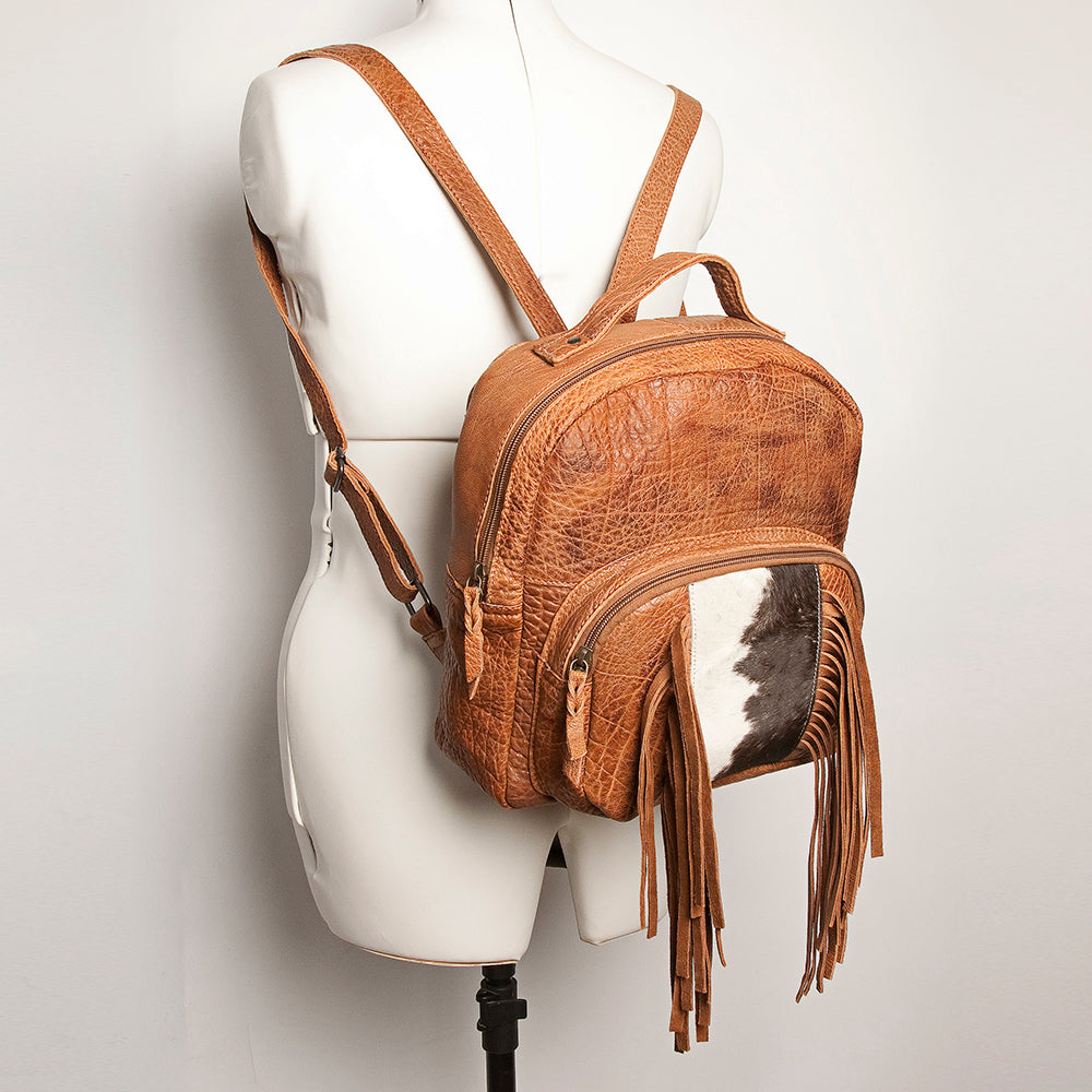 LC-ADBGZ357A Tan Leather Backpack with Cowhide & Fringe - Western Hair-On Hide Daypack