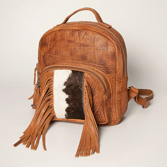 LC-ADBGZ357A Tan Leather Backpack with Cowhide & Fringe - Western Hair-On Hide Daypack