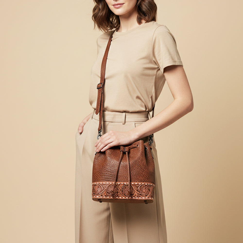 LC-ADBGZ454A Bucket Hand Tooled Genuine Western Leather Women Bag