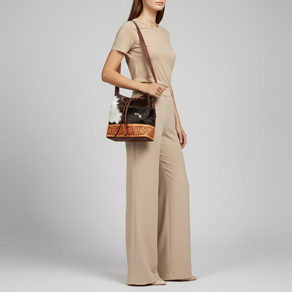 LC-ADBGZ454B Cowhide & Tooled Leather Drawstring Bucket Bag - American Darling