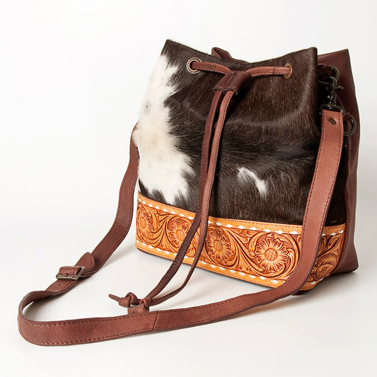 LC-ADBGZ454B Cowhide & Tooled Leather Drawstring Bucket Bag - American Darling